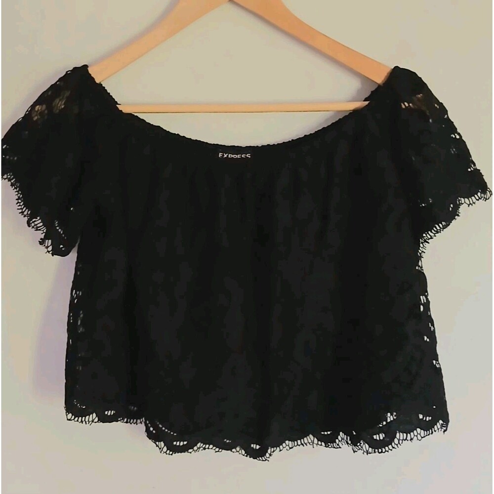 Express Black Lace Off Shoulder Top Scalloped Hem Cropped Boho Romantic Small